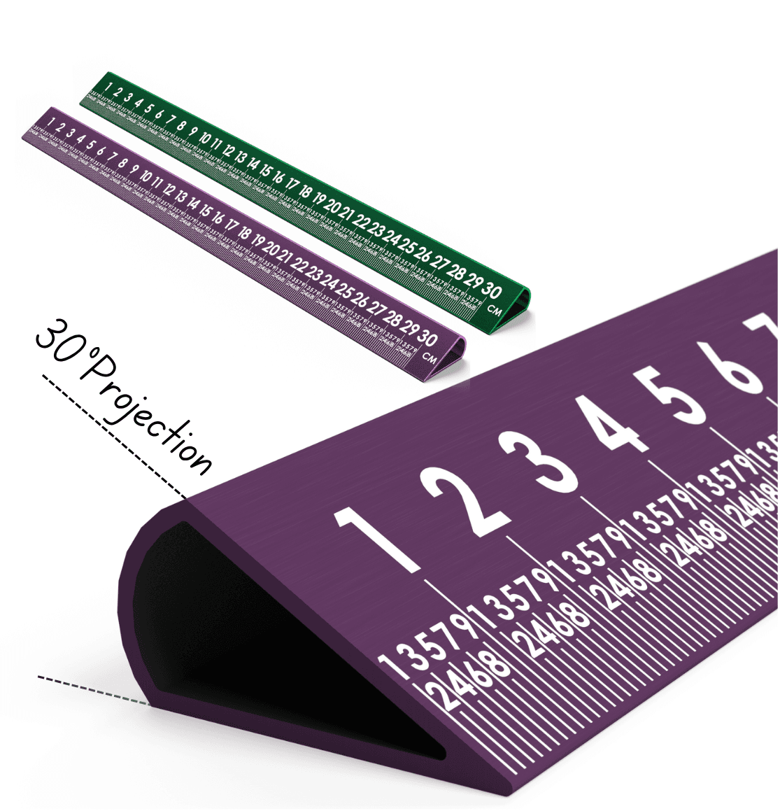 Twelve inch green and purple Slope Sight ruler set